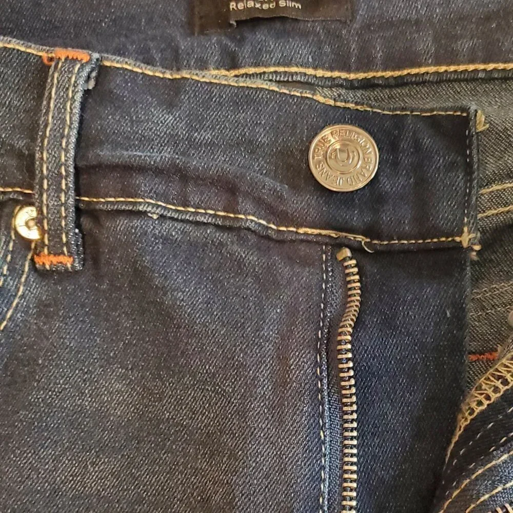 NEW TRUE RELIGION Men's Geno Relaxed Slim Distressed Dark Wash Blue Jeans
